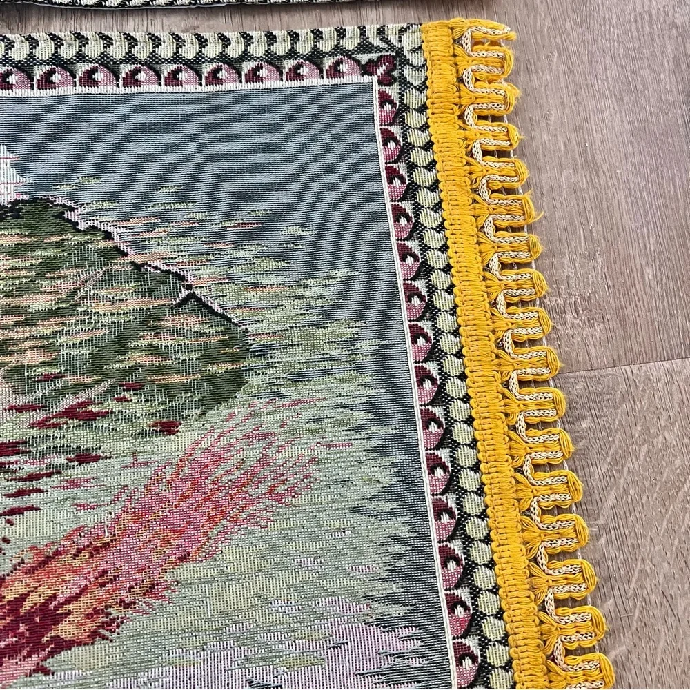 Vintage 2 Japanese Woven Silk Tapestry Wall Hanging Table Cloth Placemats - Mint